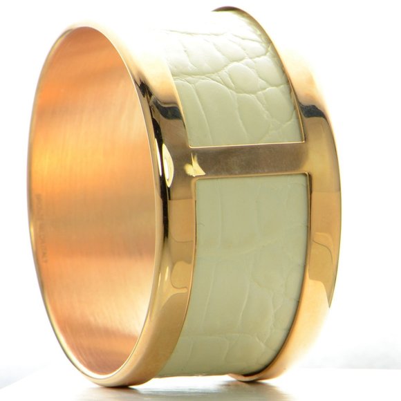Bronzo Italia Leather Inlay Polished Round Bangle - Picture 1 of 3
